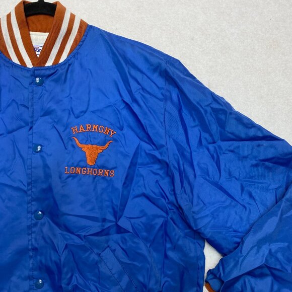 Vintage Harmony Longhorns Jacket Mens L Blue Shiny Embroidered Made In USA - Picture 2 of 13